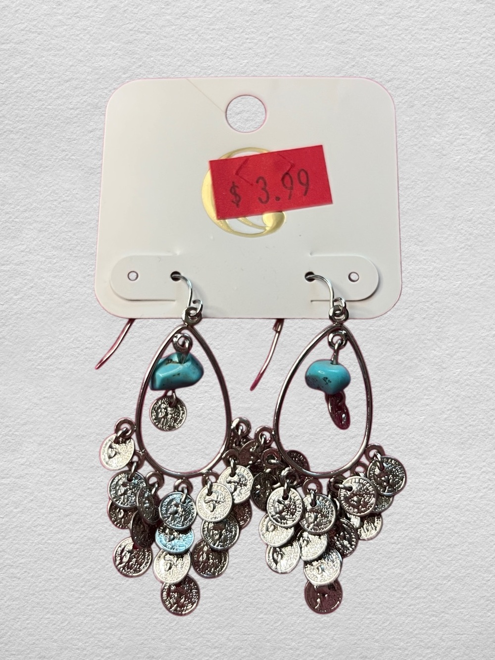Silver Coin & Turquoise Teardrop Dangle Earrings